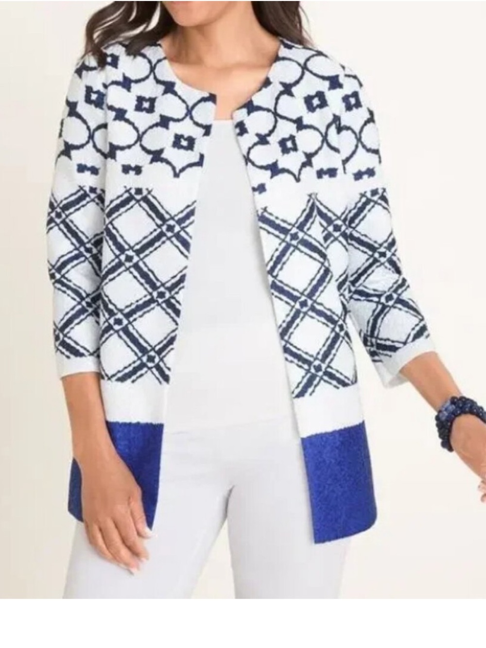 Chico's Travelers Moroccan Crushed Jacket White and Blue Open-Front 3/4 Sleeve